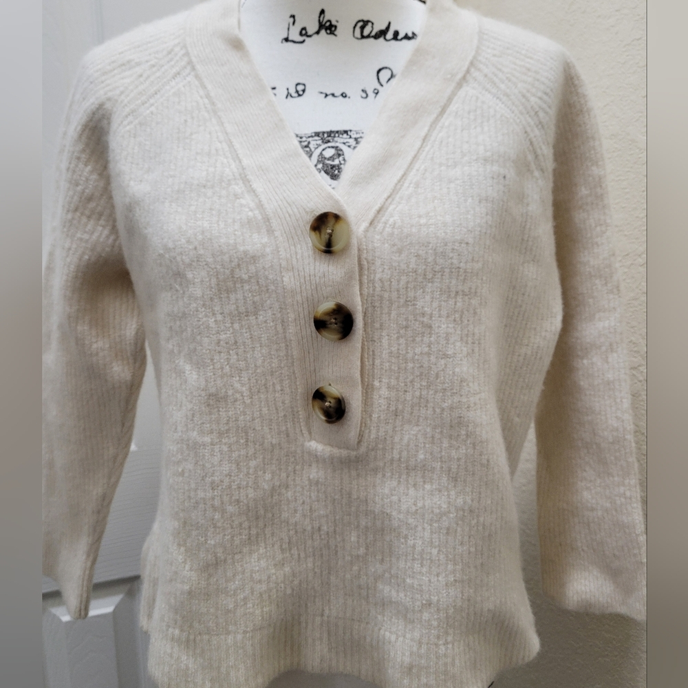 Madewell•Lyle Ribbed Cream Henley Merino Wool Blend Sweater W/3 Buttons•Size:XL